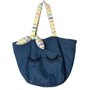 Blue Denim Cotton Blend Tote Eyelashes Design Medium Size